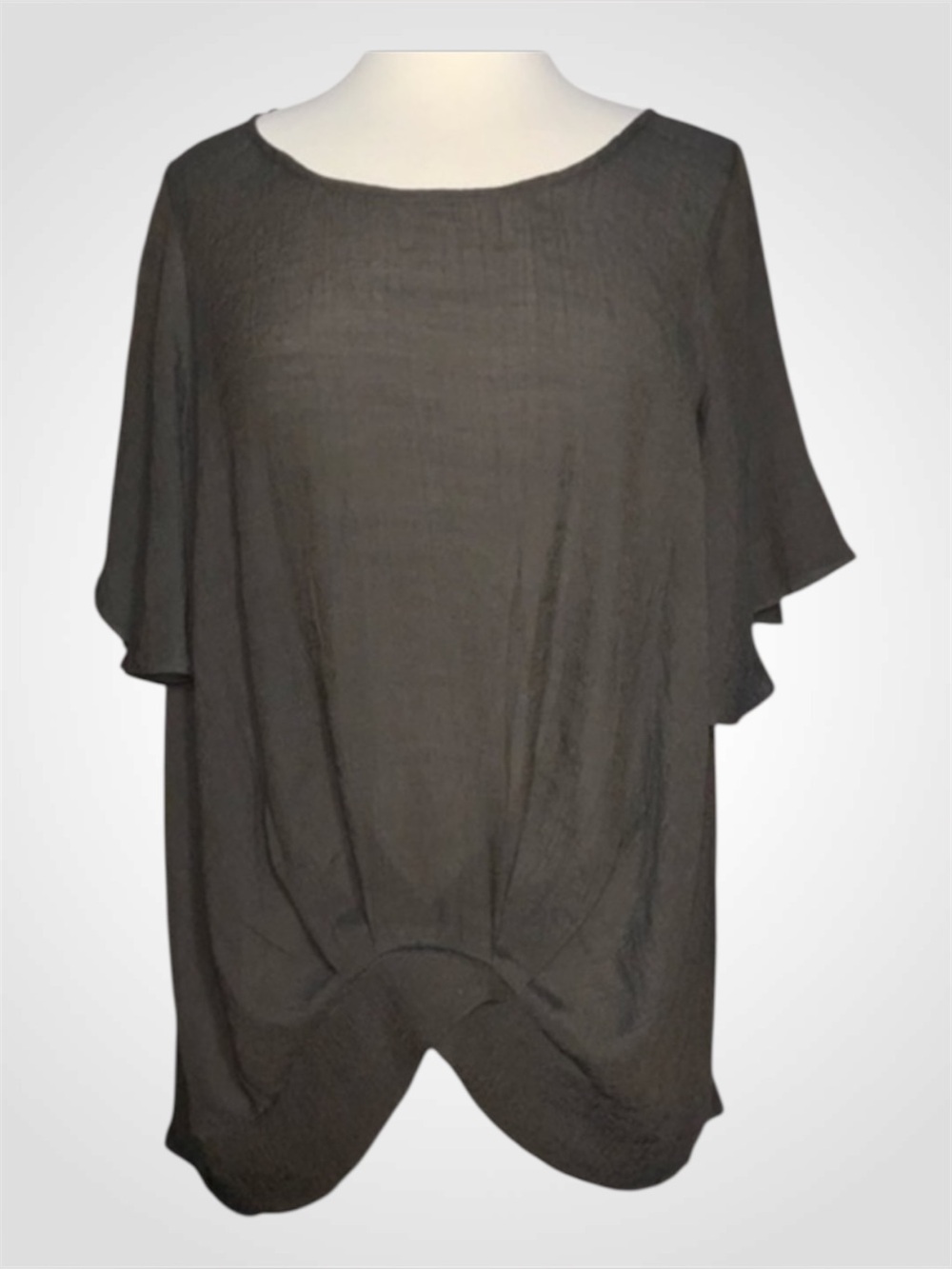 Umgee Lightweight Gray Short Flutter Sleeve Tulip Front Hemline Tunic Blouse L